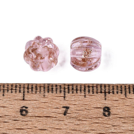 Håndlavede Lampwork Perler – Græskar, Pink Med Guldsand (8,5~9x7~8mm) 6 stk. - Uniq Perler - 122669