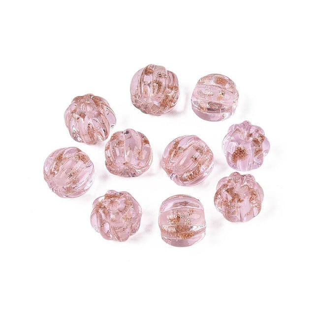 Håndlavede Lampwork Perler – Græskar, Pink Med Guldsand (8,5~9x7~8mm) 6 stk. - Uniq Perler - 122669