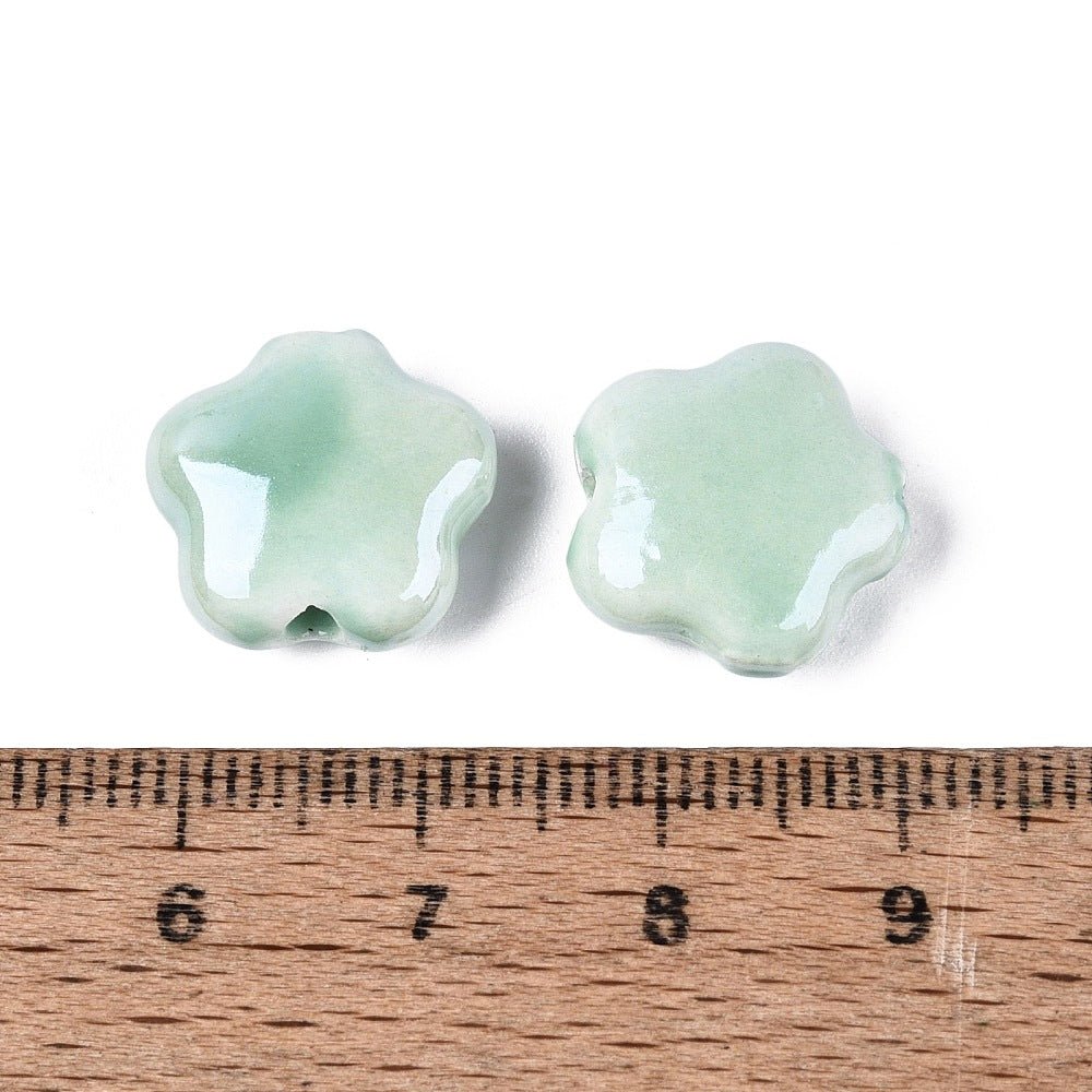 Håndlavede Porcelænsperler – Blomst, Akvamarinblå (14~15x6~7mm) 4 stk. - Uniq Perler - 122746