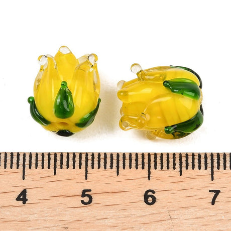 Håndlavede Tulipan Lampwork Perler – Guld (13,5x12,5mm) 4 stk. - Uniq Perler - 122054