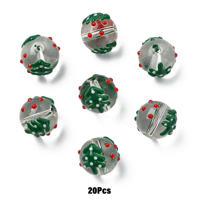 Håndmalede Juletræ Glasperler – Emalje, Klar, Runde (11x13,5~16,5) 4 stk. - Uniq Perler - 125929