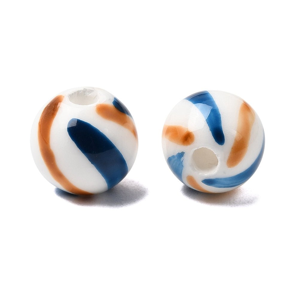 Håndmalede Porcelænsperler – Blå med Striber, Runde (10mm) 6 stk. - Uniq Perler - 122752