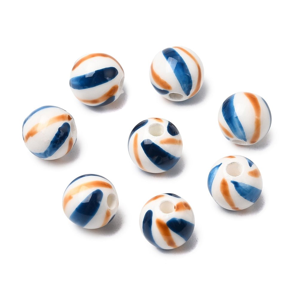 Håndmalede Porcelænsperler – Blå med Striber, Runde (10mm) 6 stk. - Uniq Perler - 122752