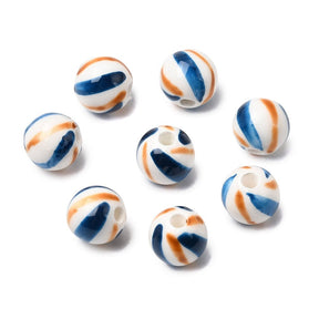 Håndmalede Porcelænsperler – Blå med Striber, Runde (10mm) 6 stk. - Uniq Perler - 122752