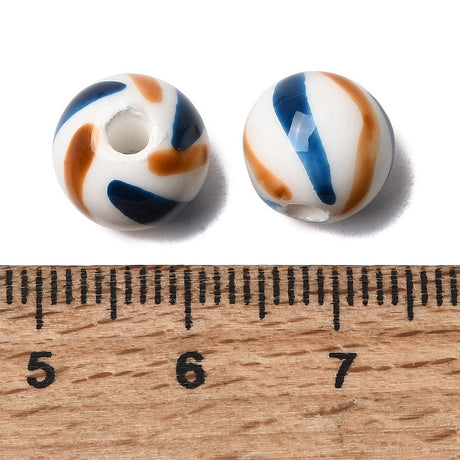 Håndmalede Porcelænsperler – Blå med Striber, Runde (10mm) 6 stk. - Uniq Perler - 122752