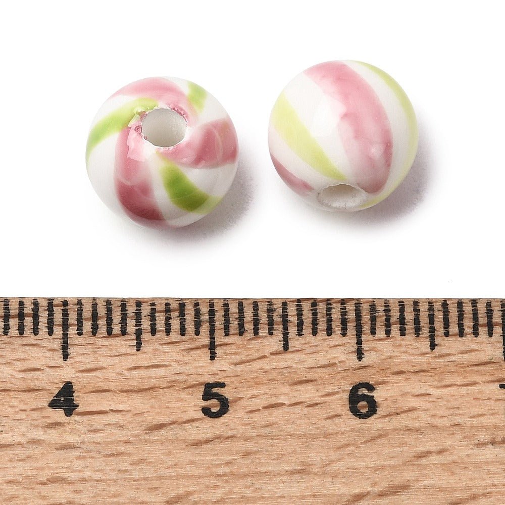 Håndmalede Porcelænsperler – Striber, Runde (10mm) 6 stk. - Uniq Perler - 122757