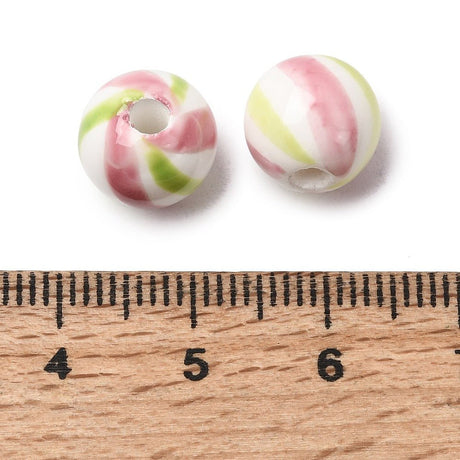 Håndmalede Porcelænsperler – Striber, Runde (10mm) 6 stk. - Uniq Perler - 122757
