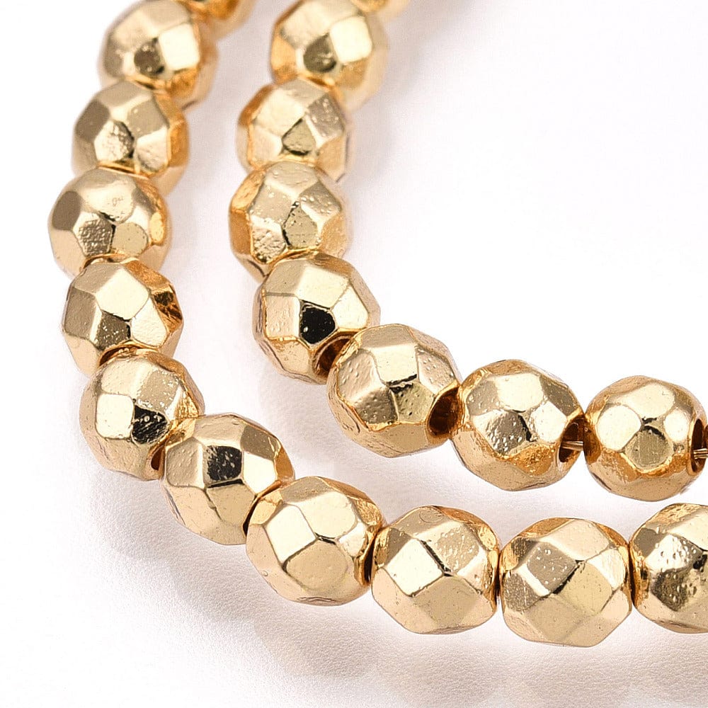 Hæmatit Perler – Facetteret Rund, Lys Guld Belagt (4mm) - Uniq Perler - 