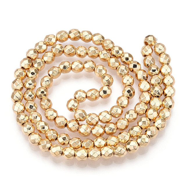 Hæmatit Perler – Facetteret Rund, Lys Guld Belagt (4mm) - Uniq Perler - 