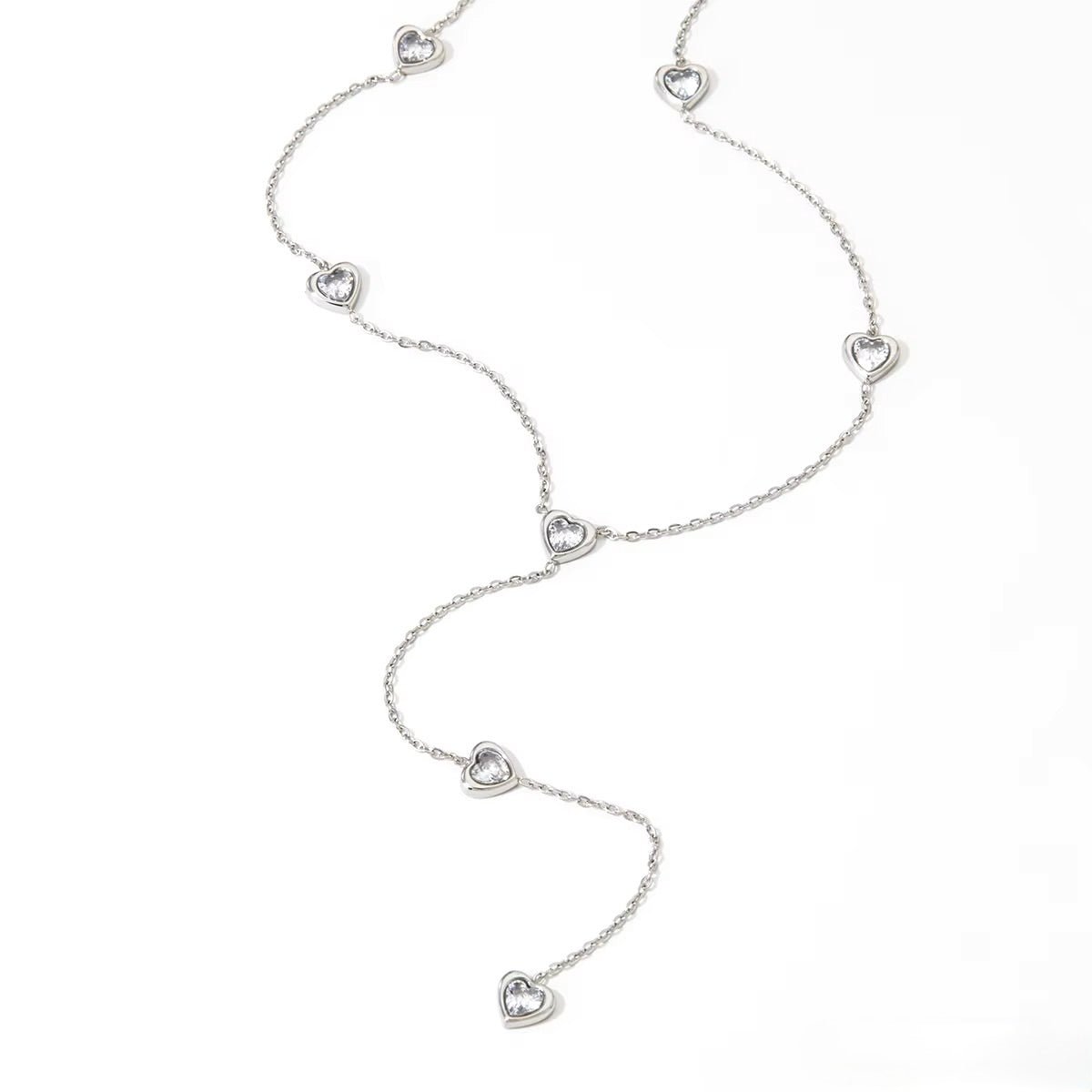 Halskæde i Vandfast Stål med Hjerter og Zirkonia (57+5cm) - Uniq Perler - 