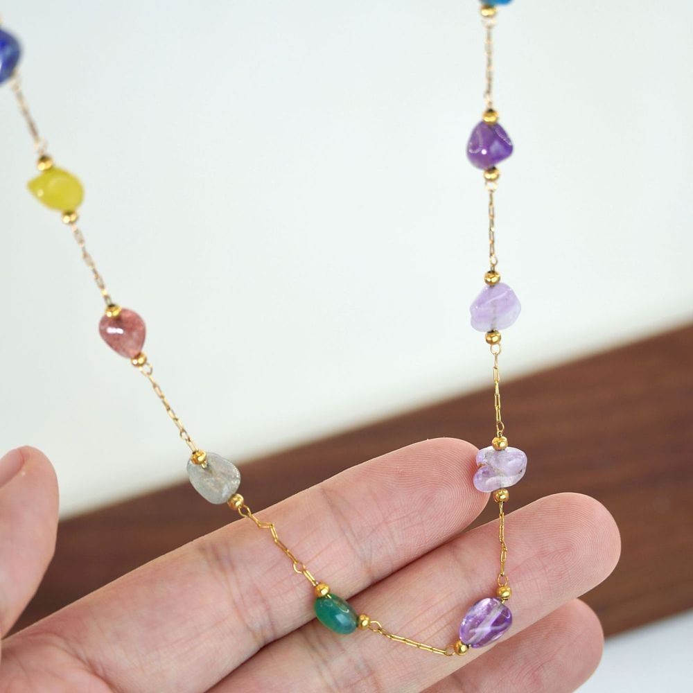 Halskæde med Natursten Chips (Forgyldt Stål, 36+8cm) - Uniq Perler - 114676