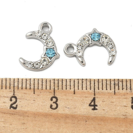 Halvmåne Og Stjerne Vedhæng Med Akvamarin Rhinsten – Stål (13,5x10mm) - Uniq Perler - 126305