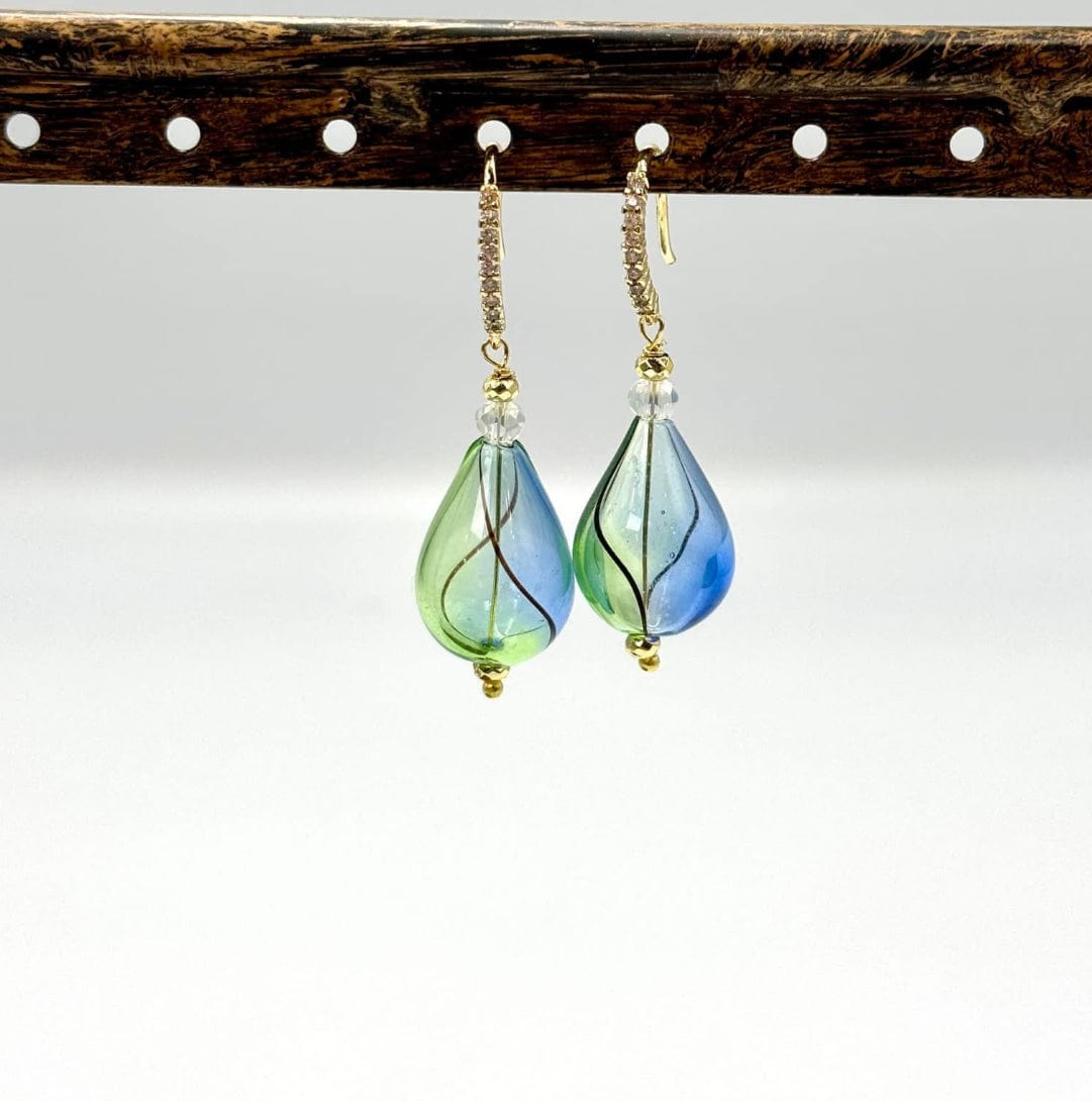 Håndlavede Glasdråber Stribet - Blå/Grøn (14 - 19mm) 5 Stk - Uniq Perler - 114484