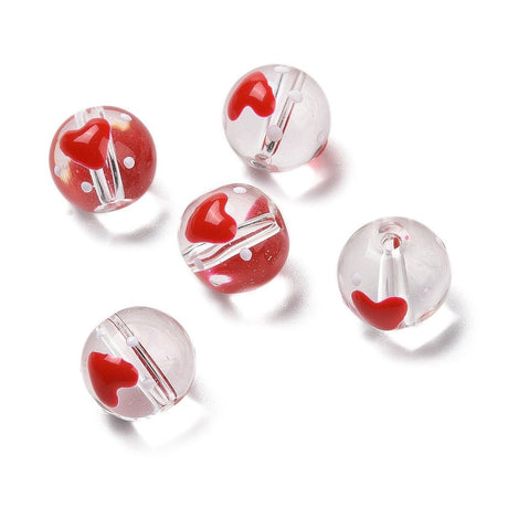 Håndlavede Glasperler med Emalje – Runde med Hjerte, Rød (13mm) 6 stk - Uniq Perler - 