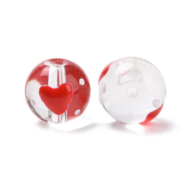 Håndlavede Glasperler med Emalje – Runde med Hjerte, Rød (13mm) 6 stk - Uniq Perler - 