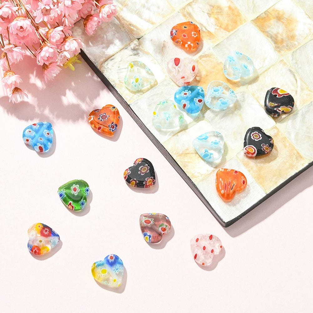 Håndlavede Hjerte Glasperler, Farve Mix, 12mm,(10 stk.) - Uniq Perler - 114952