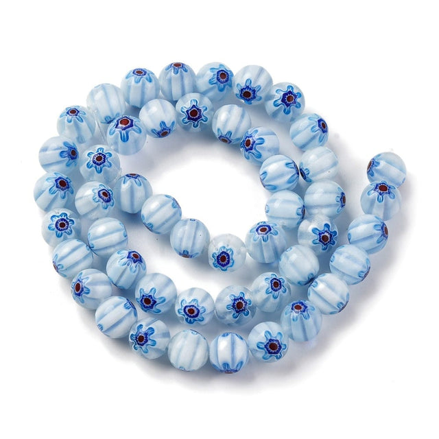 Håndlavede Lampwork Glasperler Med Blomster, Blå, (8mm) - Uniq Perler - 114954