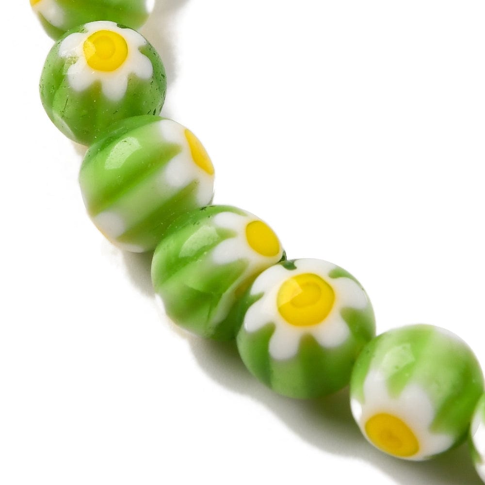 Håndlavede Lampwork Glasperler Med Blomster - Grøn/Gul (8mm) - Uniq Perler - 114953