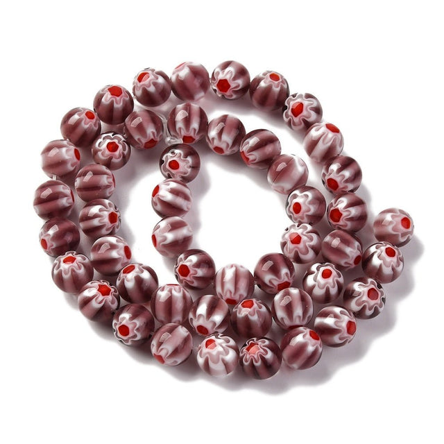 Håndlagde Lampwork Glassperler med blomster - Mørk rød/bordeaux (8mm) - Uniq Perler - 