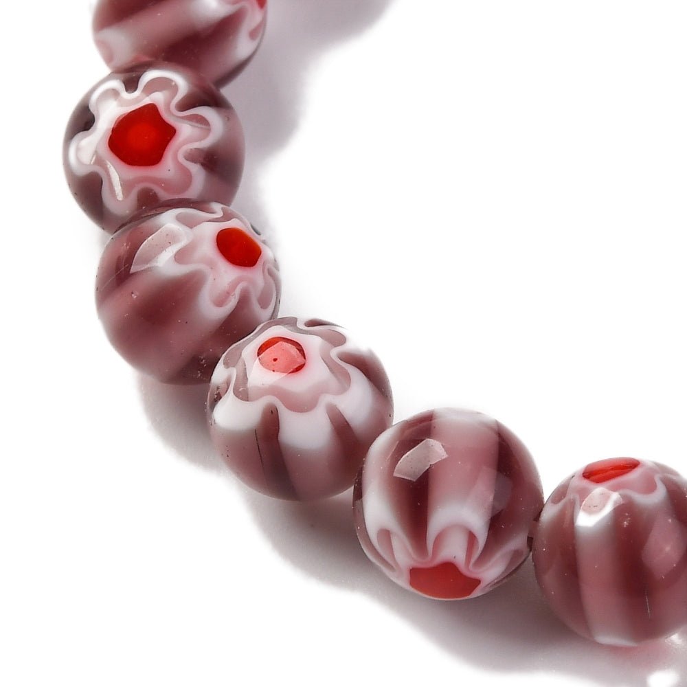 Håndlagde Lampwork Glassperler med blomster - Mørk rød/bordeaux (8mm) - Uniq Perler - 