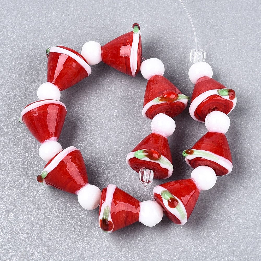 Håndlavede Lampwork Glasperler – Nissehue, Rød/Hvid (17,5–19mm) - Uniq Perler - 115510