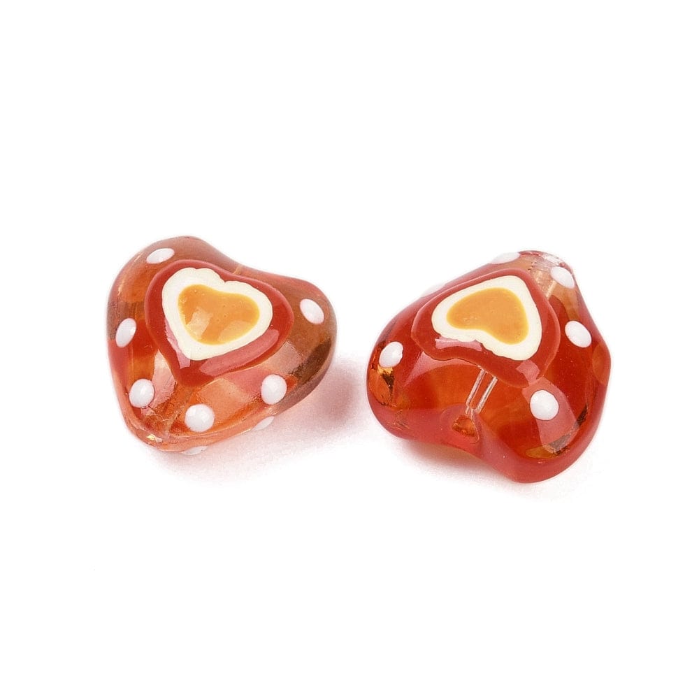 Håndlavede Lampwork Hjerte Glasperler - Brun/Orange (14mm) 4 stk - Uniq Perler - 115291