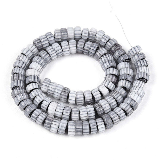 Håndlavede Millefiori Glasperler – Grå, Rondel (7,5–9mm) - Uniq Perler - 115511