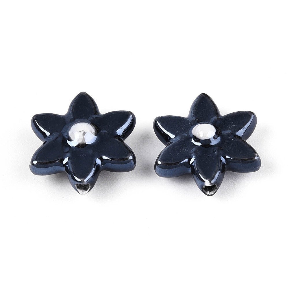 Håndlavede Porcelænsperler – Blomst Midnight Blue (16x17mm, 4 stk) - Uniq Perler - 