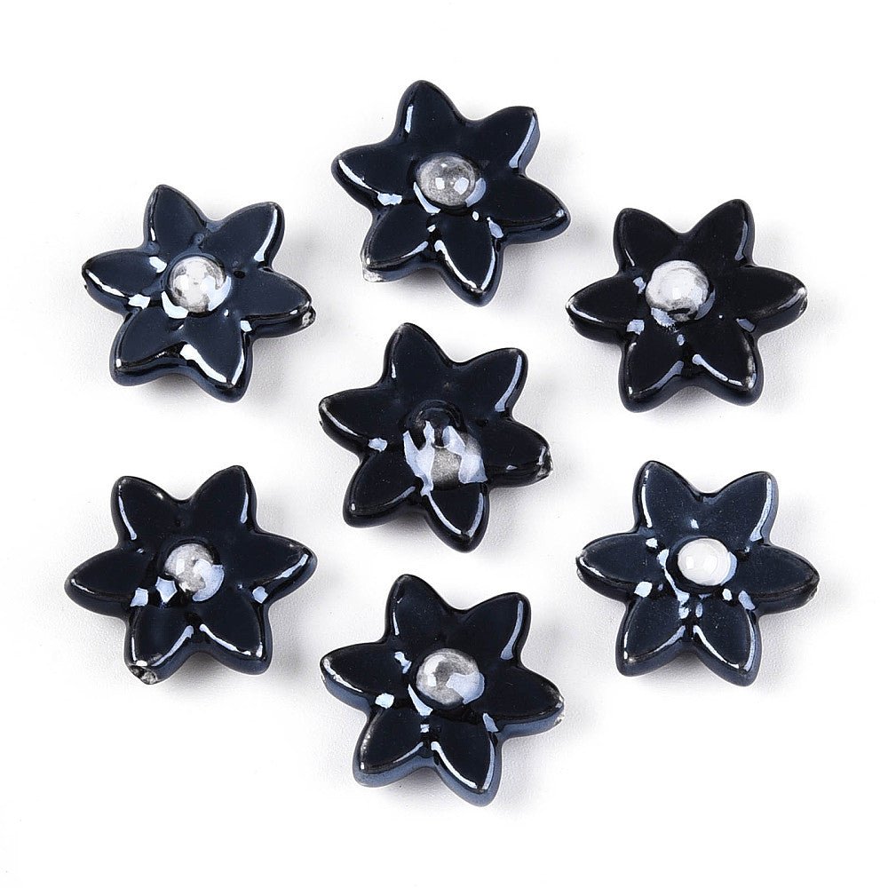 Håndlavede Porcelænsperler – Blomst Midnight Blue (16x17mm, 4 stk) - Uniq Perler - 