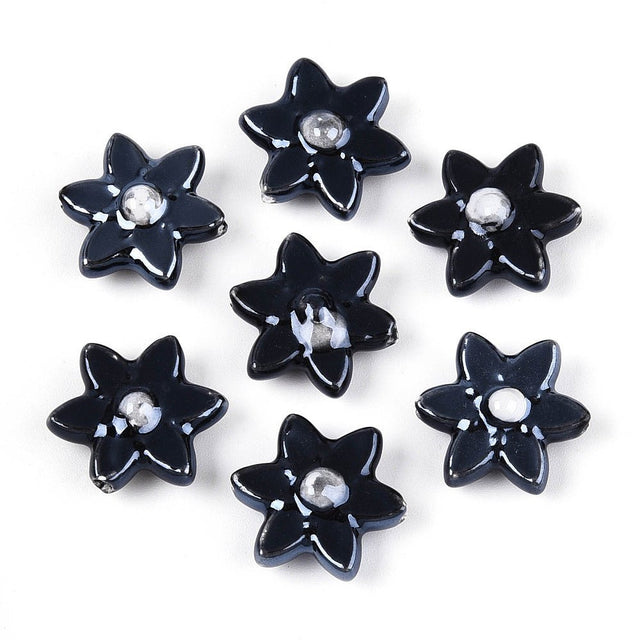 Håndlavede Porcelænsperler – Blomst Midnight Blue (16x17mm, 4 stk) - Uniq Perler - 