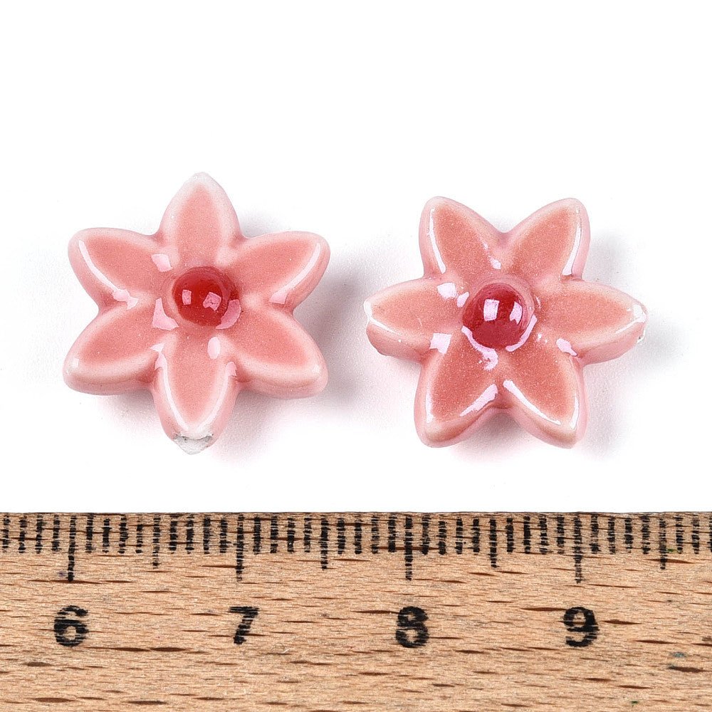 Håndlavede Porcelænsperler – Blomst Rosa/Koral(16x17mm, 4 stk) - Uniq Perler - 