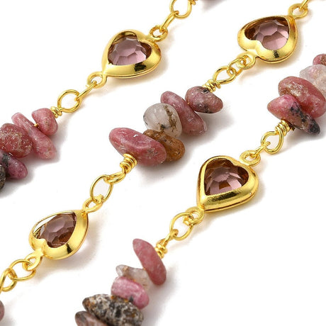 Håndlavet Kæde Med Perler Og Hjerte Links, Langtidsholdbar (Forgyldt, 1m) - Uniq Perler - 219616