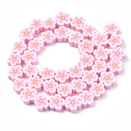 Heishi perler Fimo blomster, rosa str. 10x7 mm