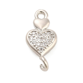 Heart Connector with Zirconia stones, Long-lasting Platinum color (15.5x7.5x3.5mm) - Uniq Perler - 
