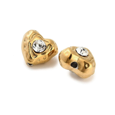 Heart Pearls in Water-resistant Gold-plated Steel – Rhinestones (9.5x9mm, 2 pcs.) - Uniq Perler - 117433