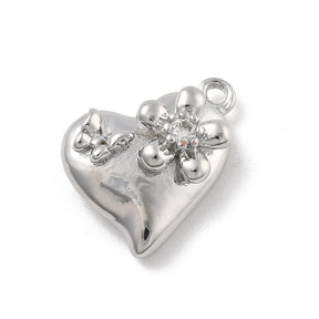 Heart Pendant With Clear Zirconia Stones, Platinum Colored, 17.5x11mm - Uniq Perler - 364846