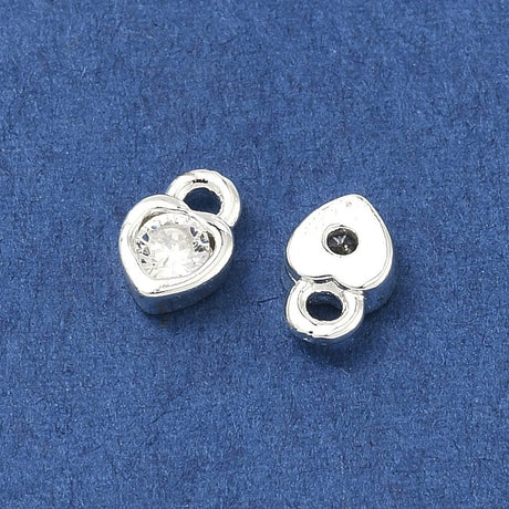 Hjerte Vedhæng Med Kubisk Zirkonia – Langtidsholdbar Forsølvet Messing (7x4.5x2mm) 2 Stk - Uniq Perler - 118751