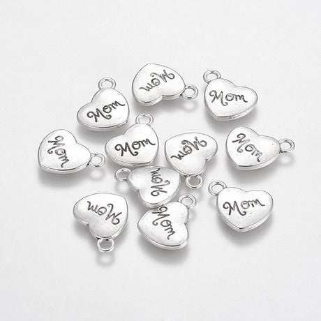 Hjerte Vedhæng Med Mom – Antik Sølv Messing (18x15x3mm) - Uniq Perler - 122948