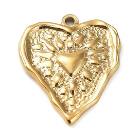 Heart Pendant With Pattern, Gold-plated Steel, 25x21mm - Uniq Perler - 112480