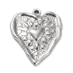 Heart Pendant With Pattern, Steel, 25x21mm - Uniq Perler - 112479