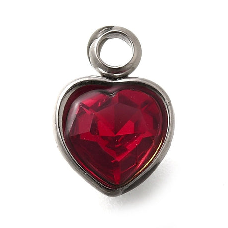 Hjerte Vedhæng med Rhinsten – Stål, Rød (9.5x6.5x4.5mm) 2 stk - Uniq Perler - 