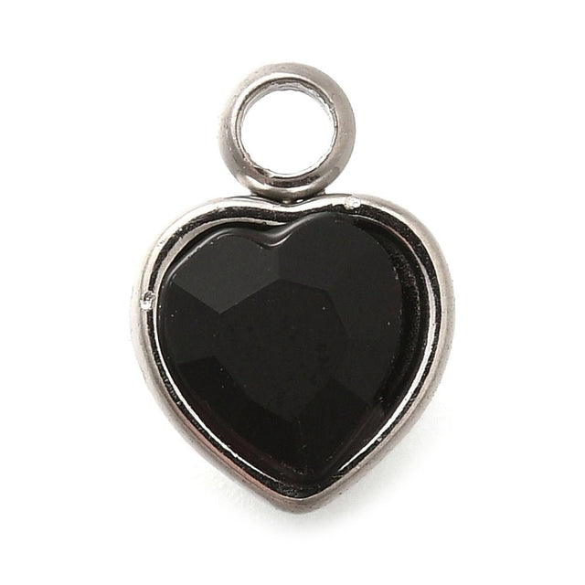 Hjerte Vedhæng med Rhinsten – Stål, Sort (9.5x6.5x4.5mm) 2 stk - Uniq Perler - 