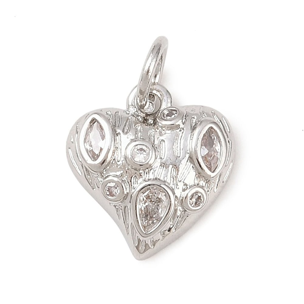 Hjerte Vedhæng Med Zirkonia – Langtidsholdbar Platinbelagt Messing (11,5x11x3mm) - Uniq Perler - 122582