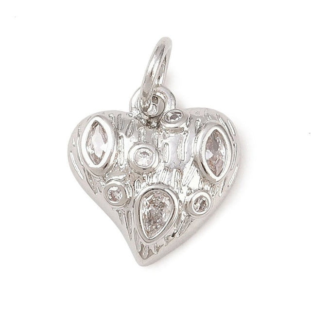 Hjerte Vedhæng Med Zirkonia – Langtidsholdbar Platinbelagt Messing (11,5x11x3mm) - Uniq Perler - 122582