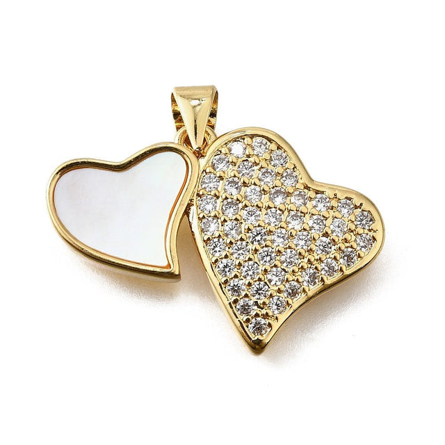 Hjerte Vedhæng Med Zirkonia Sten Og Shell, Langtidsholdbar Forgyldt, 18x26mm - Uniq Perler - 114594