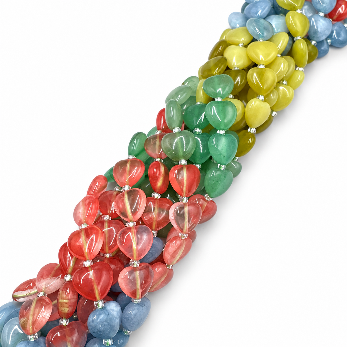 Hjerteformede Perler Mix – Cherry Quartz,White Jade, Lemon Jade & Grøn Aventurin (12x12x6mm) - Uniq Perler - 119238