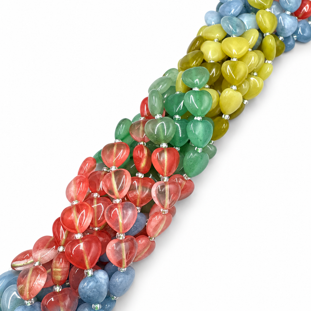 Hjerteformede Perler Mix – Cherry Quartz,White Jade, Lemon Jade & Grøn Aventurin (12x12x6mm) - Uniq Perler - 119238