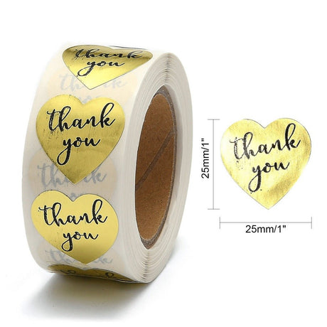 Hjerteformede Thank You Klistermærker – Guld (25x25mm), 1 Rulle, 500 stk. - Uniq Perler - 125794