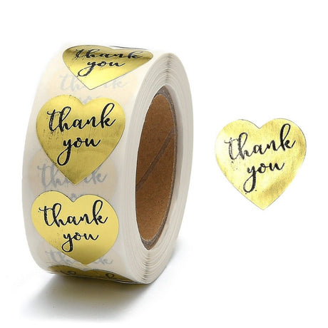 Hjerteformede Thank You Klistermærker – Guld (25x25mm), 1 Rulle, 500 stk. - Uniq Perler - 125794