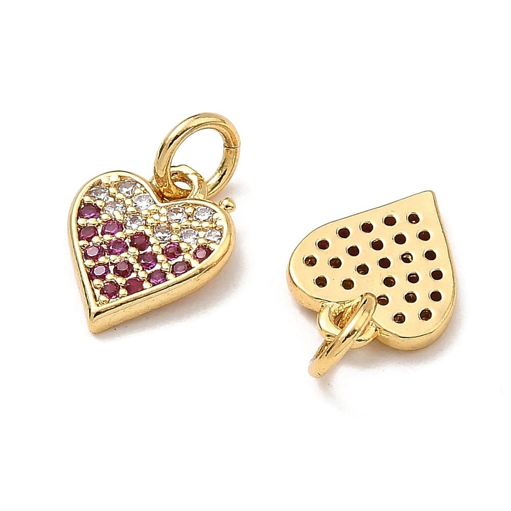Hjerteformede Vedhæng Med Lilla Zirkonia – 16K Forgyldt Messing (10,5x8,5x1,5mm) 2 stk. - Uniq Perler - 125750
